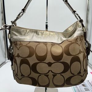 COACH Signature ZOE HOBO Khaki/metallic Jacquard Leather Bag